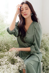 Silk Wrap Midi Dress with Puff Sleeves and Waist Tie